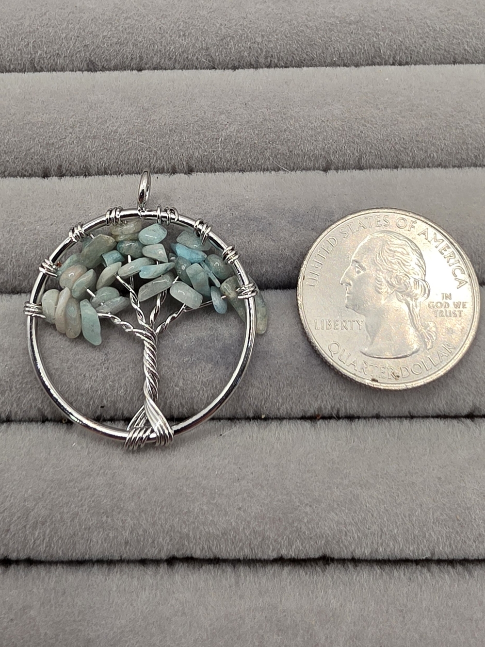 Silver Tree of Life Pendant with Aqua Bead Leaves